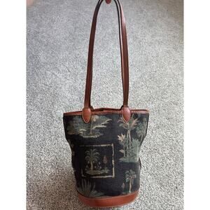 Vintage Tommy Bahama Tapestry Bucket Bag Purse Brown Palm Trees Beach Large